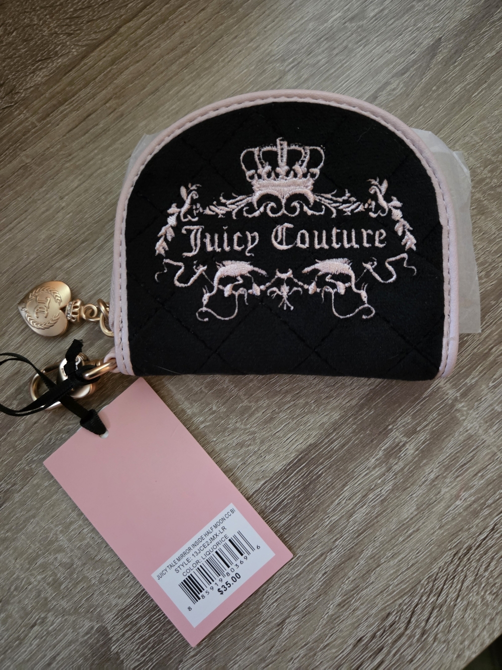 Juicy Couture Black Quilted Coin Pouch with Pink Trim & Gold Charm